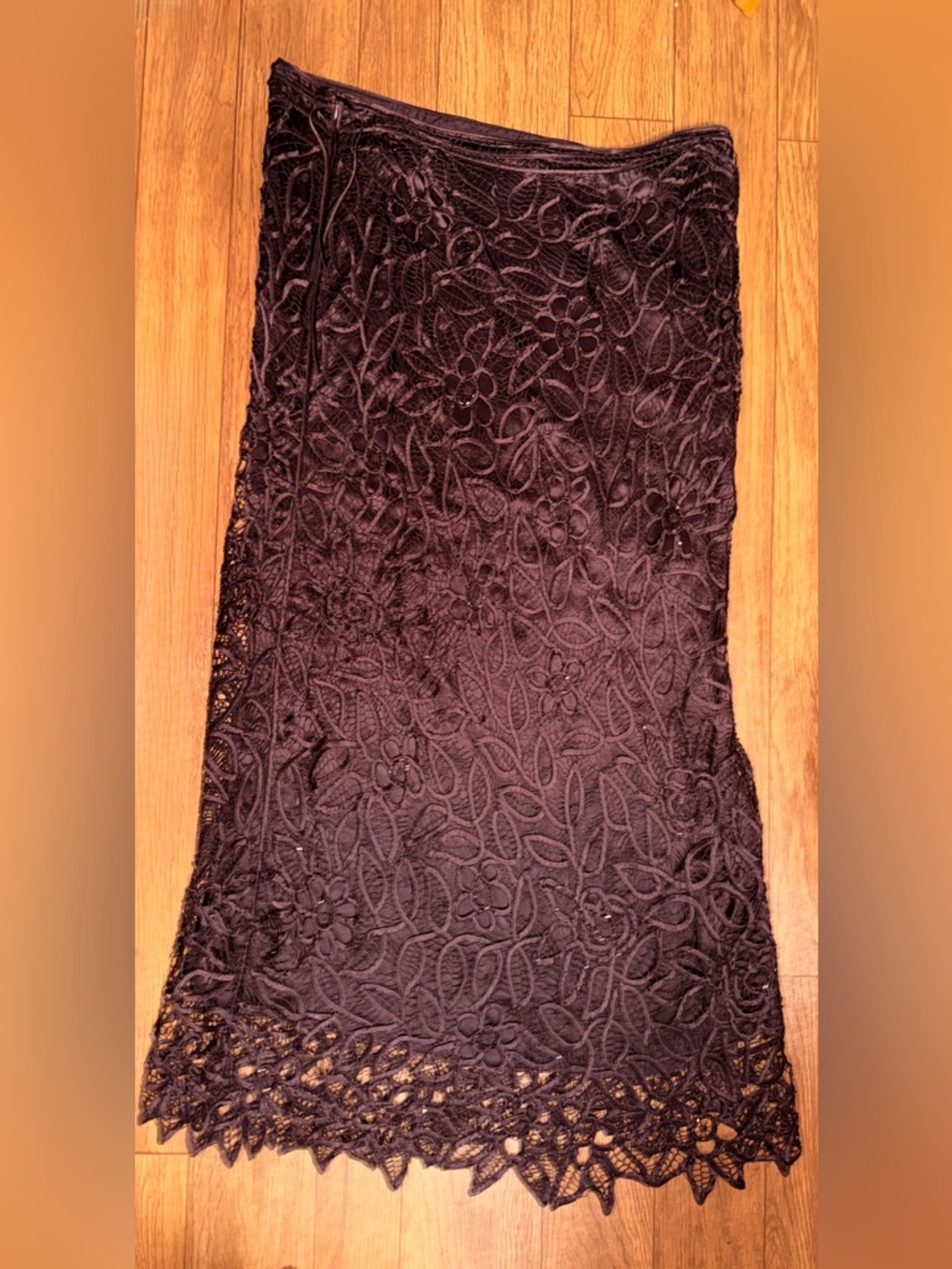 SILKEN POETRY BROWN CROCHET LOOK SILK SKIRT 💕 SIZE LARGE BOHEMIAN ECLECTIC